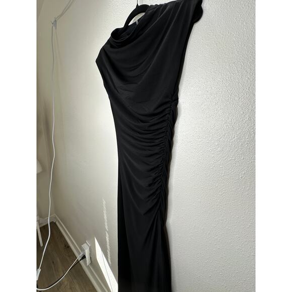 VICI Black Elisabeth Mock Neck Cap Sleeve Side Slit Ruched Midi Dress XS - Picture 7 of 15